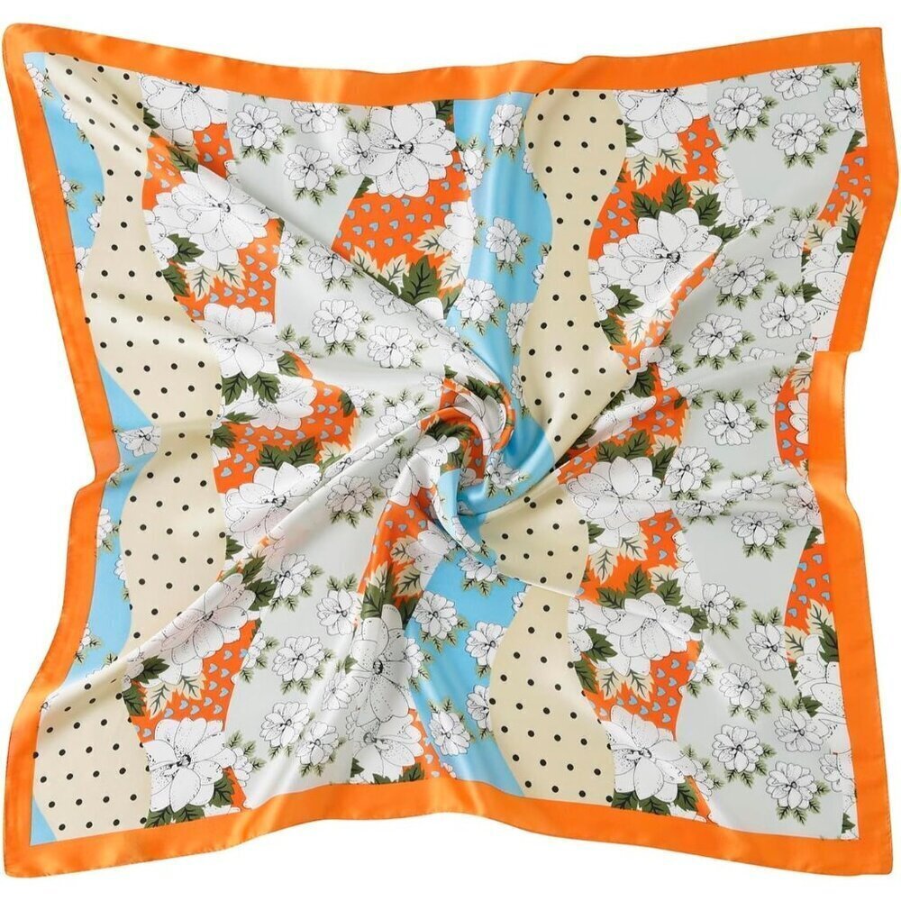 Women Orange Flower Headscarf Satin Bandana Pattern Polyester Breathable Scarves